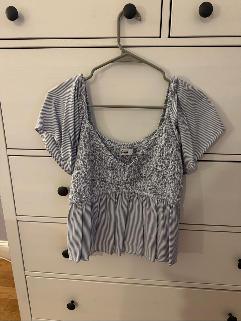 Hollister Light Blue Striped Smocked Peplum Top